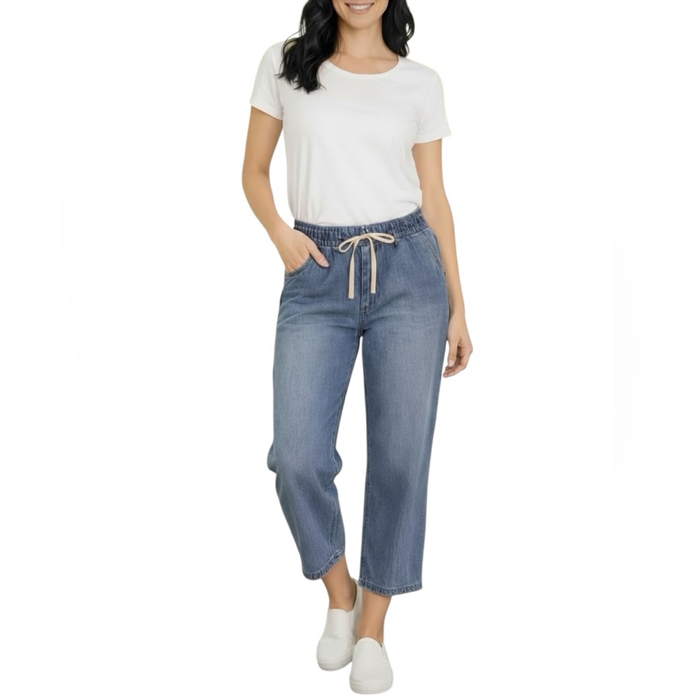 Kensie Drawstring Cropped Jeans Medium NWT Dark Blue Wash Pull-On Relaxed Fit
